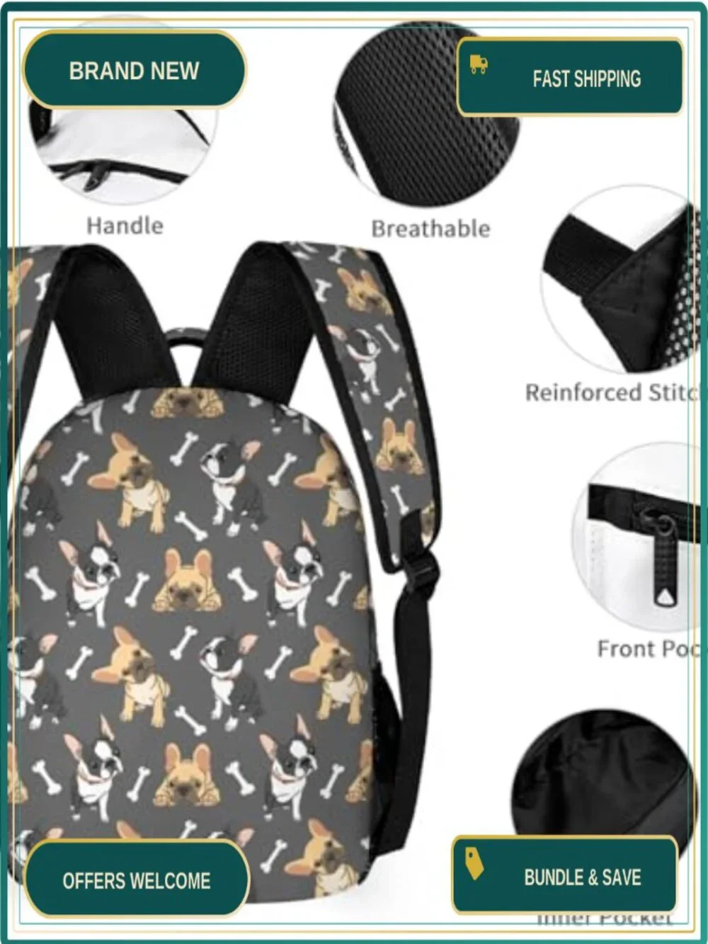 French Bulldog Backpack Set with Lunch Bag & Pencil Case 17in 900D Nylon